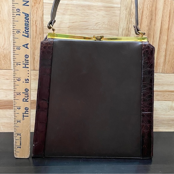 Vintage Sydney of California Brown Croc Leather Trim Top Handle Clutch Handbag - Picture 7 of 16